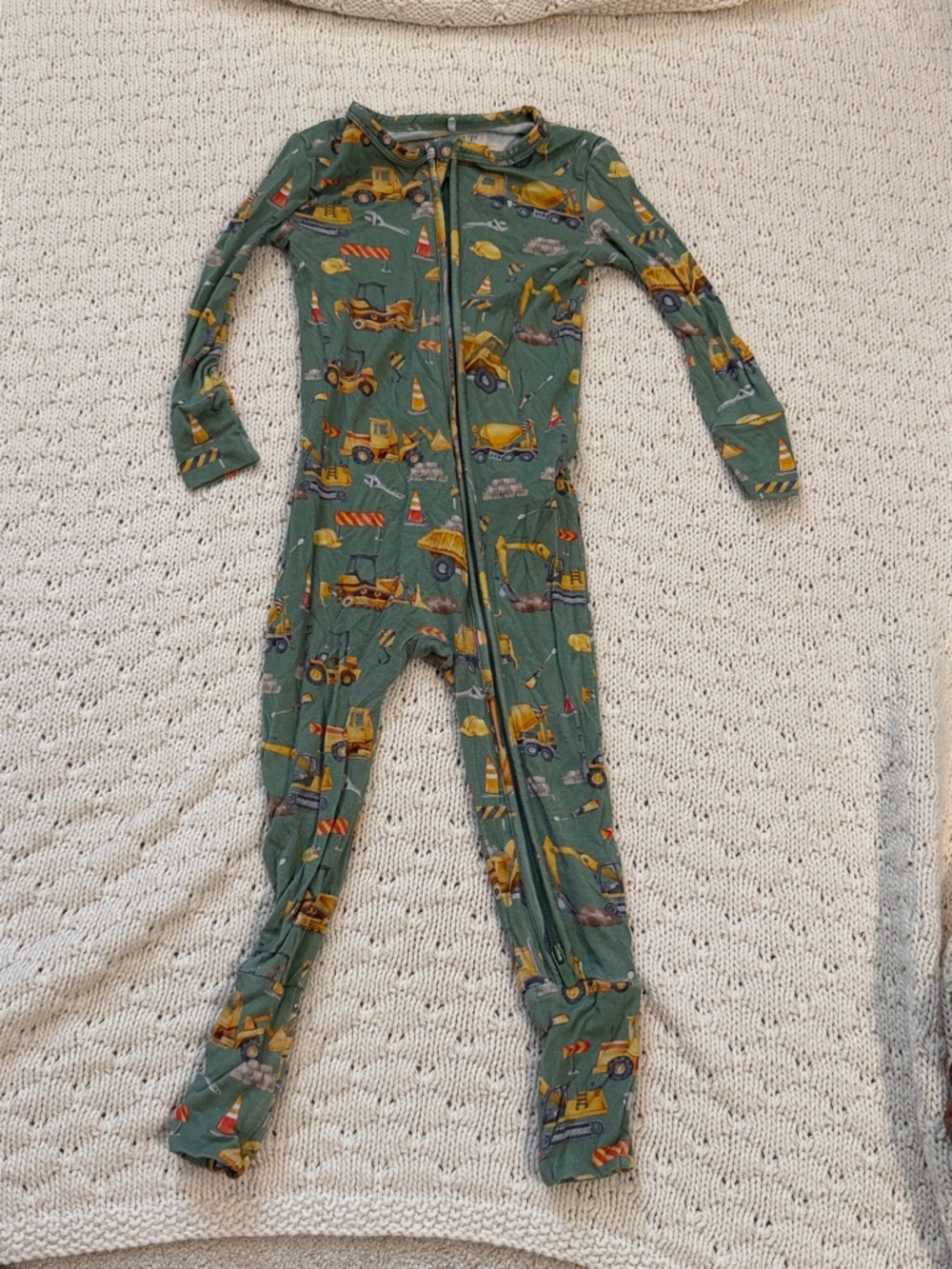 Posh Peanut Green Construction Vehicle Print Footed One-Piece